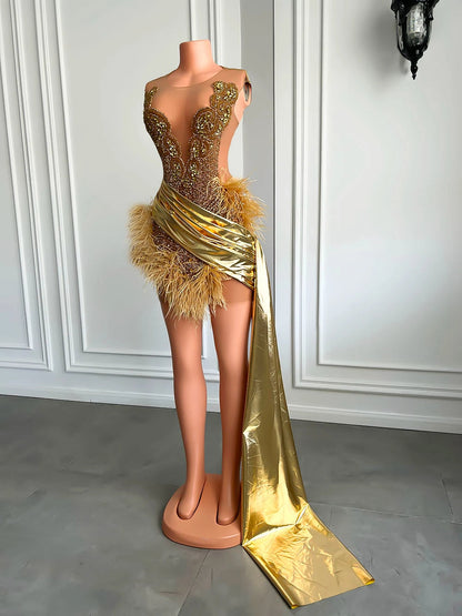 Luxury Gold Diamond Formal Occasion Cocktail Dresses Sheer Sexy See Through Black Girls Feather Short Prom Dresses 2025 Birthday SS69
