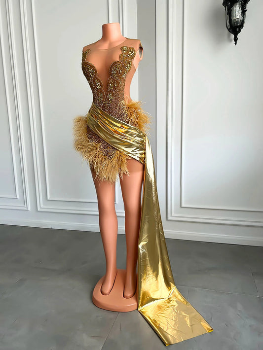Luxury Gold Diamond Formal Occasion Cocktail Dresses Sheer Sexy See Through Black Girls Feather Short Prom Dresses 2025 Birthday SS69