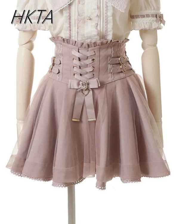 Japanese Liz New Spring Lace Edge Leather Ring High Waist Pleated Skirt Ribbon Bow Short Plaid Skirts Big Bow Lolita Blouses