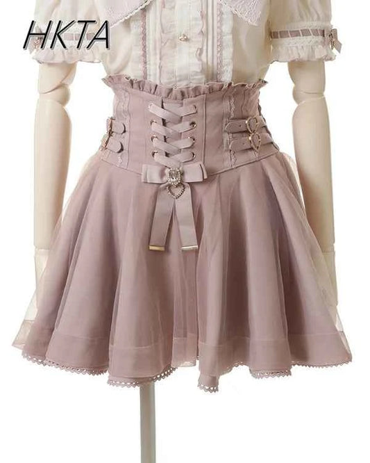 Japanese Liz New Spring Lace Edge Leather Ring High Waist Pleated Skirt Ribbon Bow Short Plaid Skirts Big Bow Lolita Blouses
