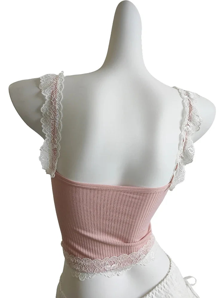 Sweet Crop Top Women Lace Trim Cotton Cropped Bows Bead Decoration Pink White Cute Camis Sweet Girls Lolita Style Kawaii Clothes SS69