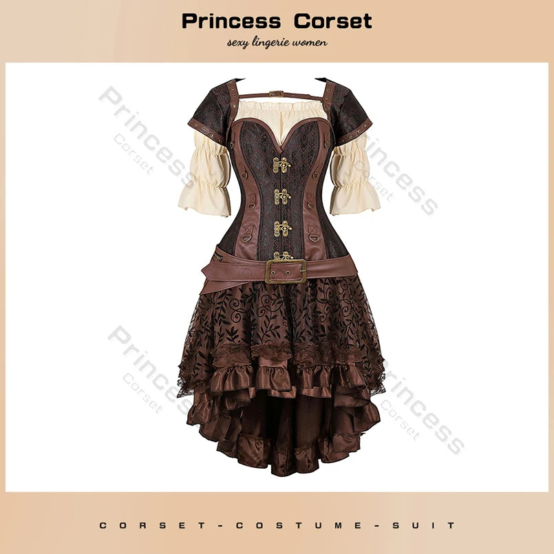 Brown Pirate Dress Plus Size Faxu Leather Steampunk Corset Dress with Shoulder Off Blouse Cosplay Pirate Costume for Women SS69