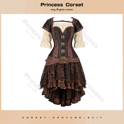 Brown Pirate Dress Plus Size Faxu Leather Steampunk Corset Dress with Shoulder Off Blouse Cosplay Pirate Costume for Women SS69