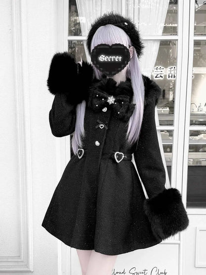 Original Japanese Mass-Produced Lace Jackets Girls Women Cute Bow Waist Cinch Heavy Drill Button Slim Fit Elegant Black Coat