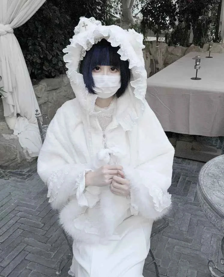 Japanese Mine Lace Splicing Cute Bow Lolita Shawl Jacket Autumn and Winter New Sweet Girl Loose Warm Plush Cape Coat Women