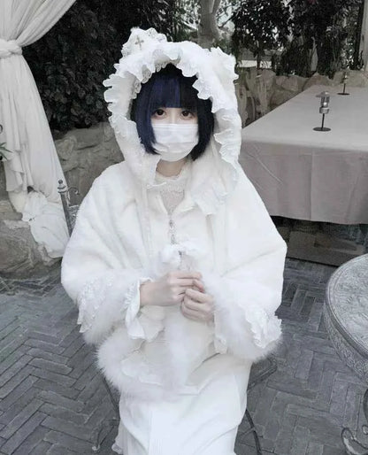 Japanese Mine Lace Splicing Cute Bow Lolita Shawl Jacket Autumn and Winter New Sweet Girl Loose Warm Plush Cape Coat Women