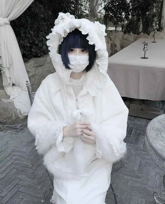 Japanese Mine Lace Splicing Cute Bow Lolita Shawl Jacket Autumn and Winter New Sweet Girl Loose Warm Plush Cape Coat Women