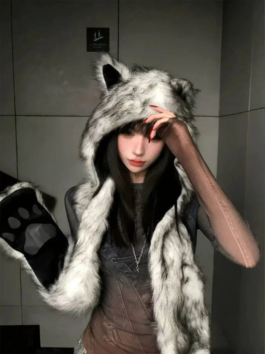 Japanese Kawaii Cute Fur Scarf Hat Winter Keep Warm Y2k Aesthetic Fashion Vintage Cap Bears Ears Women Hats Grunge Streetwear SS69