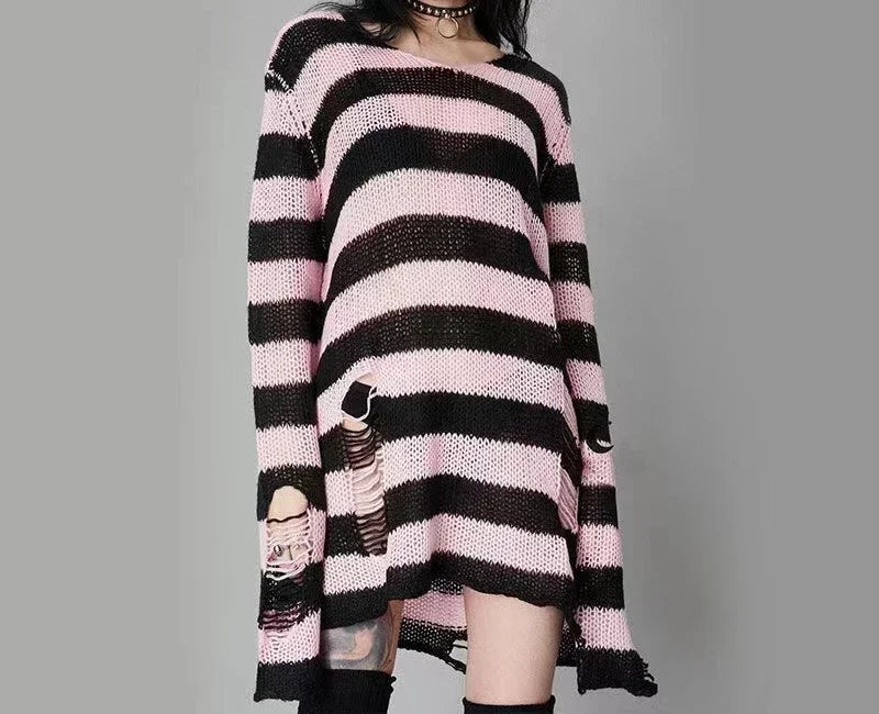 New Women's Punk Gothic Oversized Pullover Sweater Striped Hollow out Cool Harajuku Aesthetics Spring Autumn