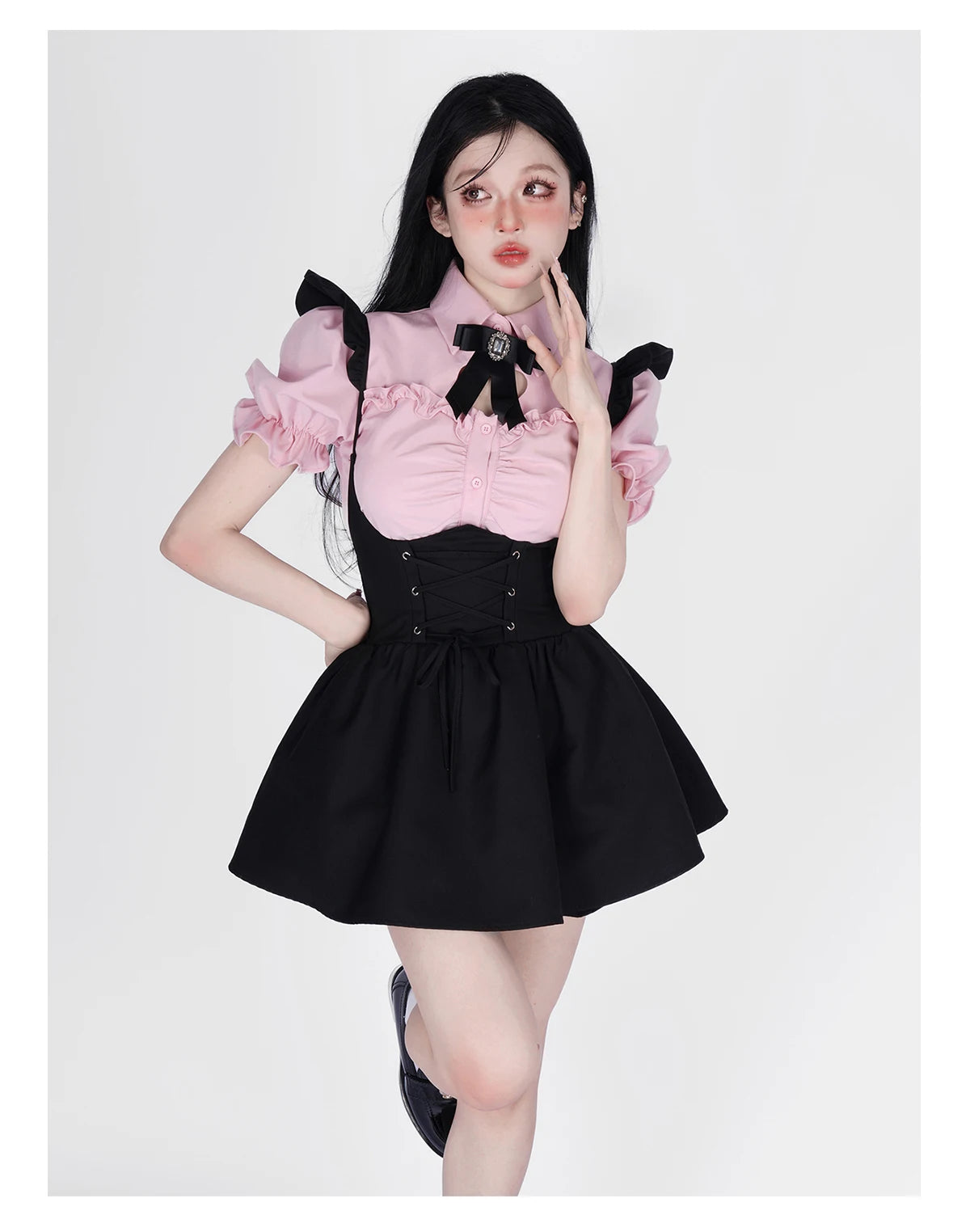 Summer Kawaii Clothing Pink Y2k Crop Tops Blouse + Black Mini Dress Two Piece Set for Women Casual Bodycon Korean Suit Chic SS69