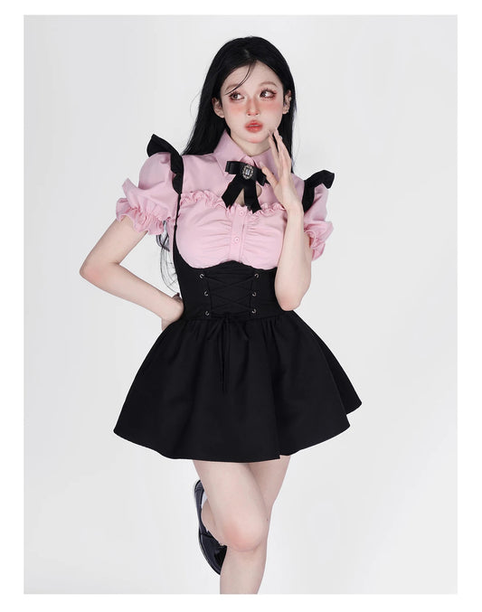 Summer Kawaii Clothing Pink Y2k Crop Tops Blouse + Black Mini Dress Two Piece Set for Women Casual Bodycon Korean Suit Chic SS69