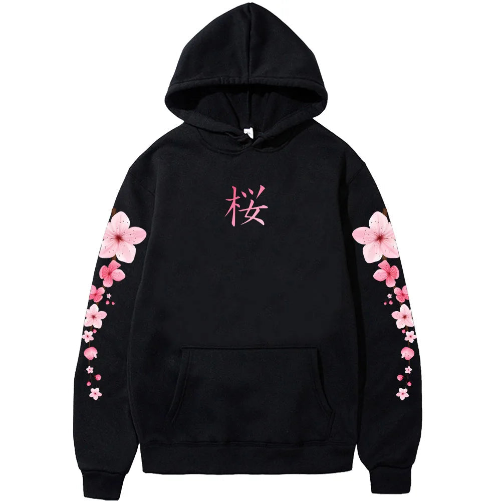 Japanese Blossom Sakura Graphic Hoodies Long Sleeve Winter Hooded Sweatshirts Casual Women/Men Comfortable Pullovers with Pocket SS69 21.69 black / XXXL