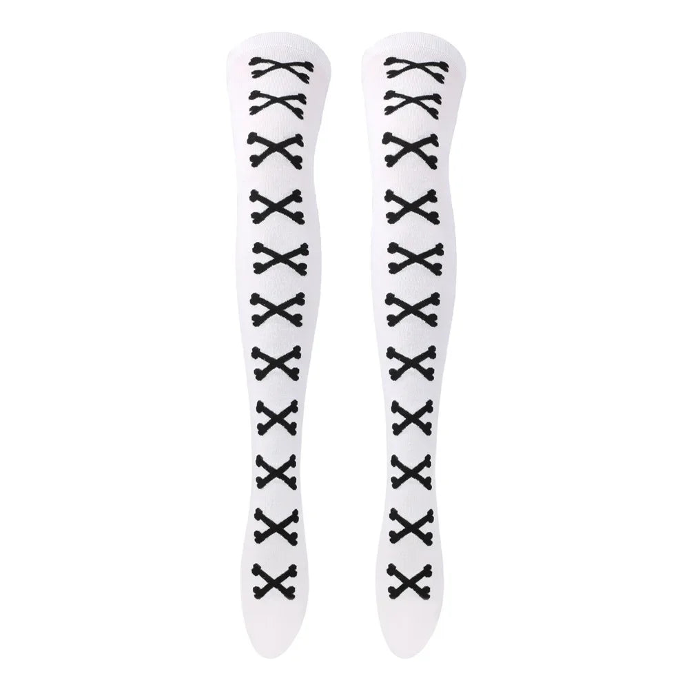 SS69 Women's Bone Print Thigh High Socks - Cotton Blend Cosplay Stockings