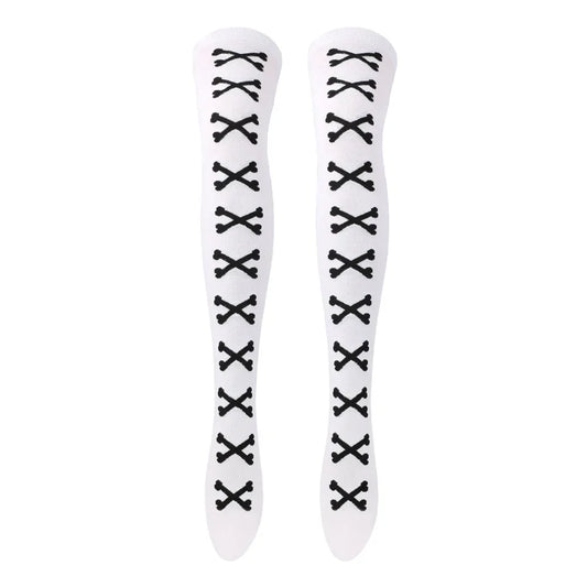 SS69 Women's Bone Print Thigh High Socks - Cotton Blend Cosplay Stockings