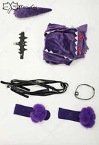 Meowcos Women Genga Cosplay Costume Halloween Purple Ghost Romper Bodysuit Plush Hooded and Socks with Belt and Tail