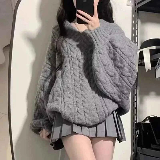 Autumn Winter Women Sweater Harajuku Oversized Knitted Pullovers Korean Long Sleeve V Neck Knitwear Preppy Solid Loose Jumper