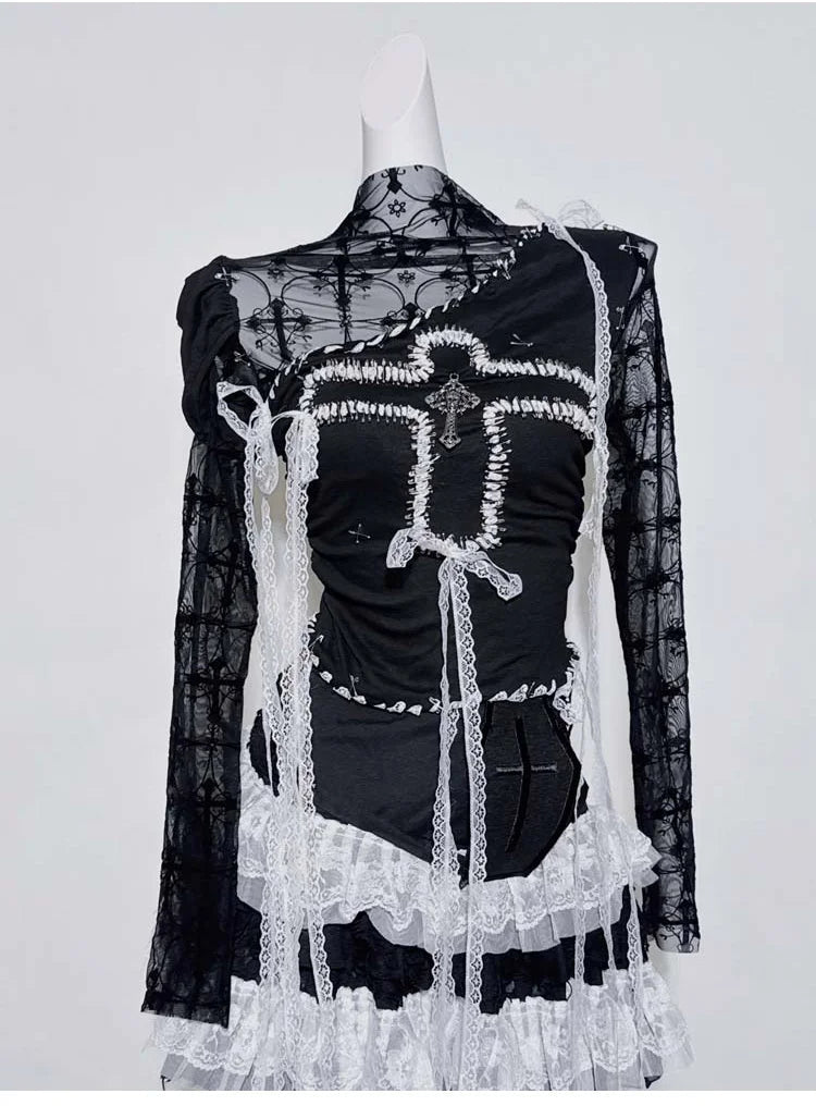 Original Design Punk Rock Cross Patch Long Sleeve Slash Tshirt Gothic Women Subculture Lace Ruffled Holloween Tee Tops Clothing SS69