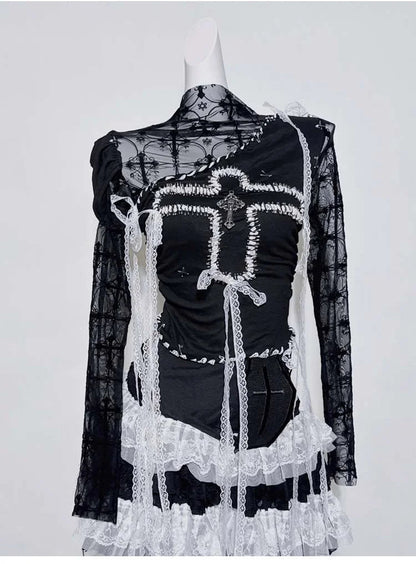 Original Design Punk Rock Cross Patch Long Sleeve Slash Tshirt Gothic Women Subculture Lace Ruffled Holloween Tee Tops Clothing SS69