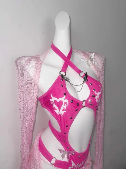 Original Barbie Powder Flash Three-dimensional Rivet-cut Onesie Tattered Wool Knitted Skirt Spice Girl For Suit SS69