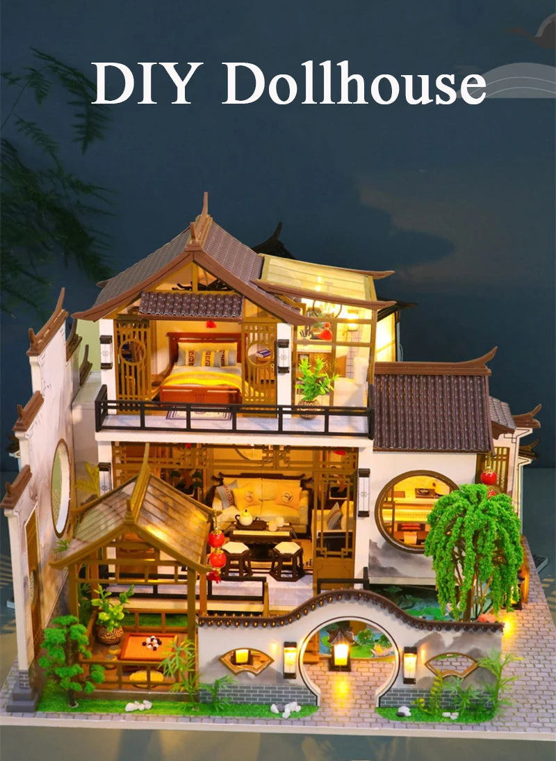 NEW DIY Wooden Doll Houses Japanese Ancient Casa Miniature Building Kits with Furniture Led Dollhouse for Adults Christmas Gifts SS69