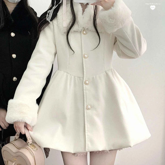 Original Japanese Sweet Imitation Woolen Coat Removable Fur Collar 2025 Winter Jacket Love Single-breasted Wool Overcoat Femlae