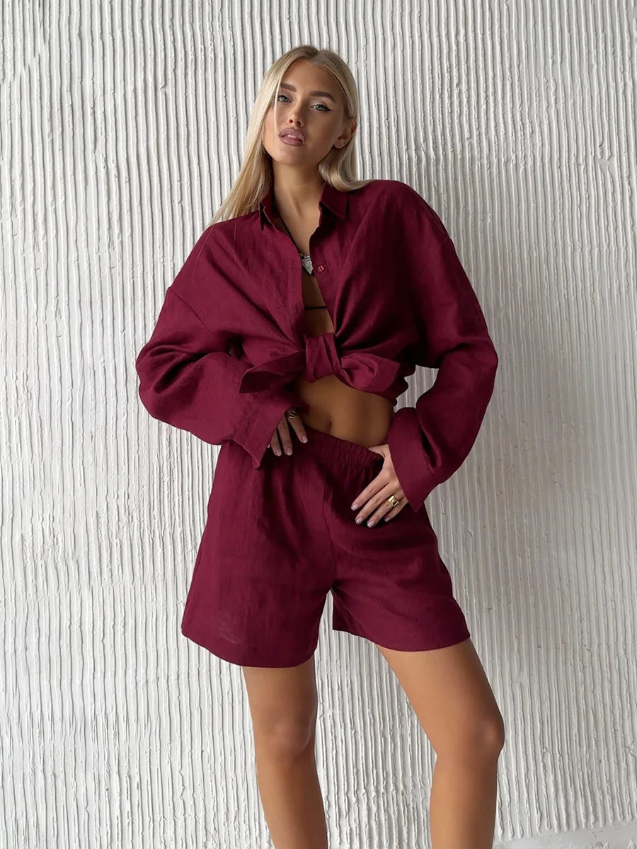 Bornladies Women's Cotton Long Sleeve Shirt & Wide Leg Pants Set