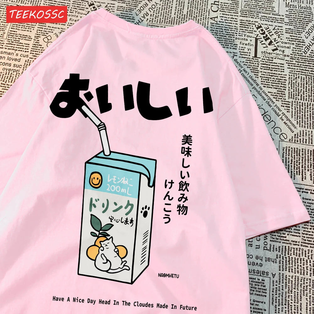 Cute Japanese Cat Print Oversized T-shirt Women Men Short Sleeve Loose Casual Tee Shirt Streetwear Tops Cotton Harajuku Clothing SS69 13.69 Pink / XXXL