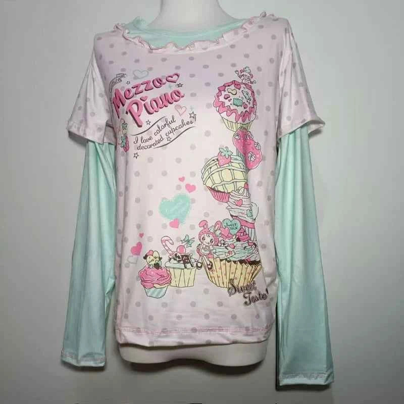 Japanese Sweet Kawaii Cartoon Polka Dot Print T-shirt Women Loose Casual Contrast Color Cute Graphic Tees Y2k Aesthetic Tops New