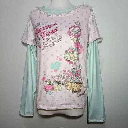 Japanese Sweet Kawaii Cartoon Polka Dot Print T-shirt Women Loose Casual Contrast Color Cute Graphic Tees Y2k Aesthetic Tops New