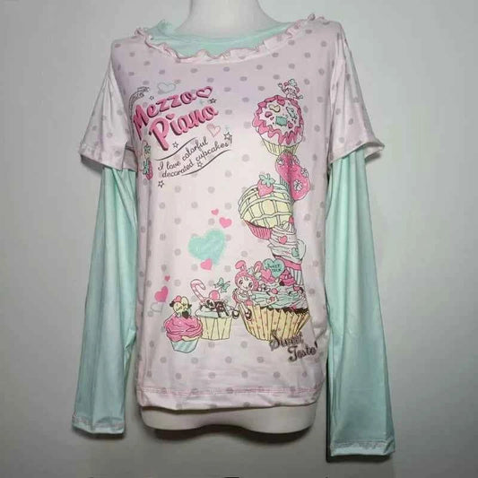 Japanese Sweet Kawaii Cartoon Polka Dot Print T-shirt Women Loose Casual Contrast Color Cute Graphic Tees Y2k Aesthetic Tops New