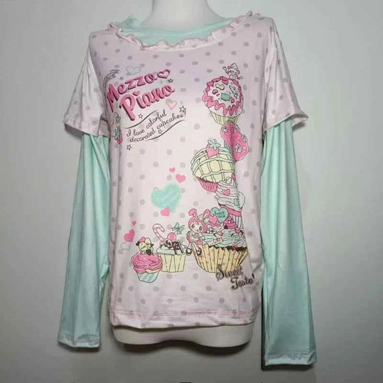 Japanese Sweet Kawaii Cartoon Polka Dot Print T-shirt Women Loose Casual Contrast Color Cute Graphic Tees Y2k Aesthetic Tops New