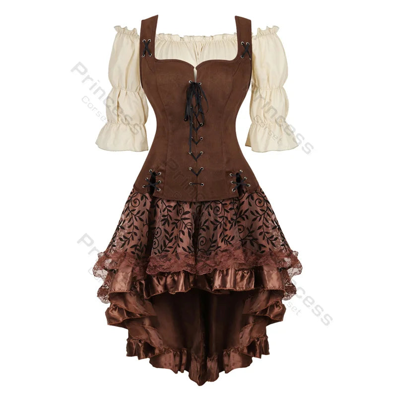 Brown Pirate Dress Plus Size Faxu Leather Steampunk Corset Dress with Shoulder Off Blouse Cosplay Pirate Costume for Women SS69