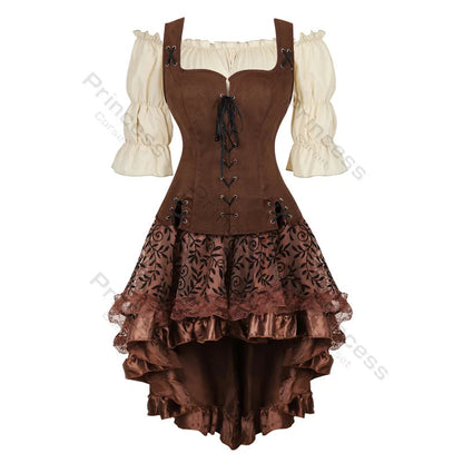 Brown Pirate Dress Plus Size Faxu Leather Steampunk Corset Dress with Shoulder Off Blouse Cosplay Pirate Costume for Women SS69