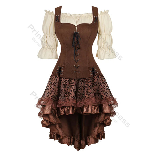 Brown Pirate Dress Plus Size Faxu Leather Steampunk Corset Dress with Shoulder Off Blouse Cosplay Pirate Costume for Women SS69