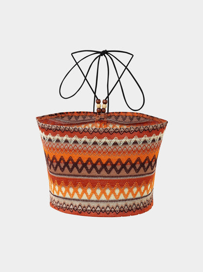 Geo Pattern Beaded Halter Crop Top, Vacation Style Backless Crop Top For Summer, Women's Clothing SS69