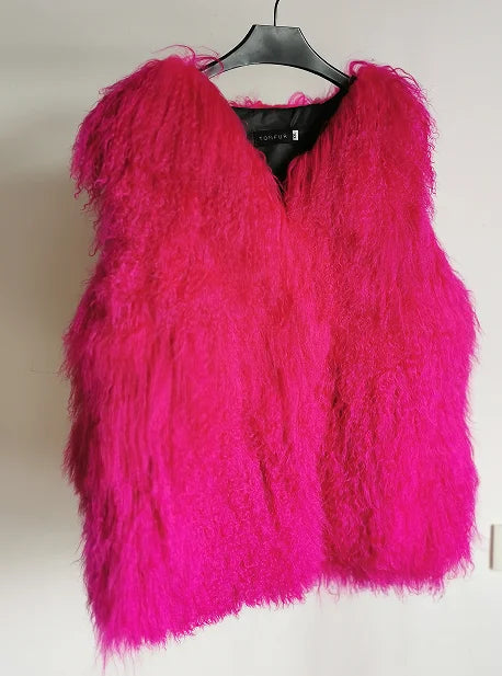 New Real Sheep Fur Vest 100% Natural Mongolia Fur Gilet Pure Long Fur Genuine Fur Oversize Vest ksr801