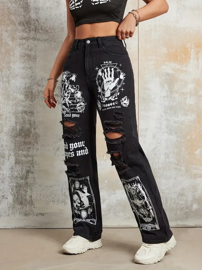 2025 New Style Women's Jeans Women's Spring And Autumn New Hot Selling Street INS Same Style Print Ripped Straight Jeans - SS69