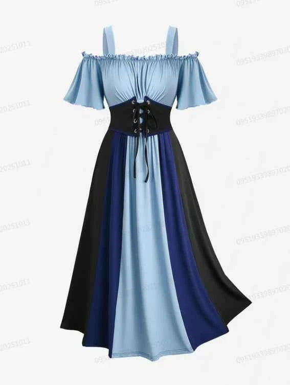 ROSEGAL Plus Size Women's Dress New Cold Shoulder Ruched Ruffles Colorblock Patchwork Lace Up Belted Vintage Corset Dresses Robe
