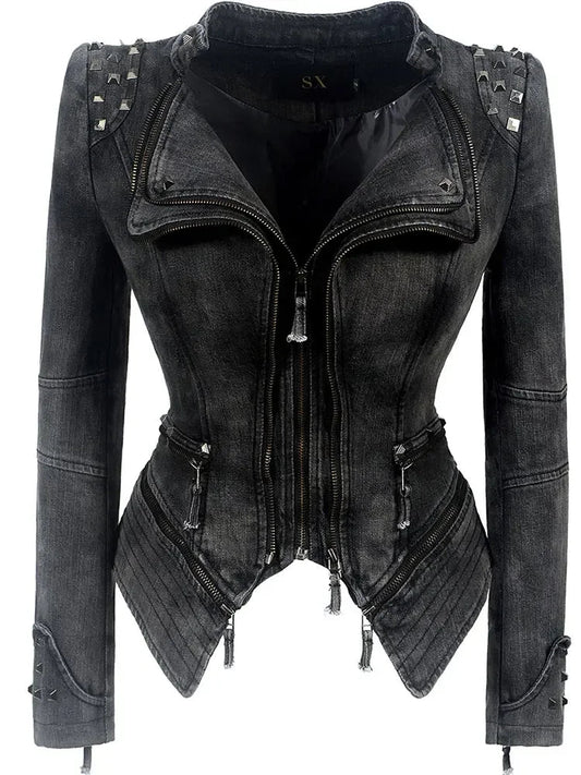Punk Rivet Short Denim Slim Jackets Women Wash Long Sleeve Vintage Casual Studs Jean Outerwear Motorcycle Denim Coat Large Size SS69 66.69 Gray / EU Size XXXXL