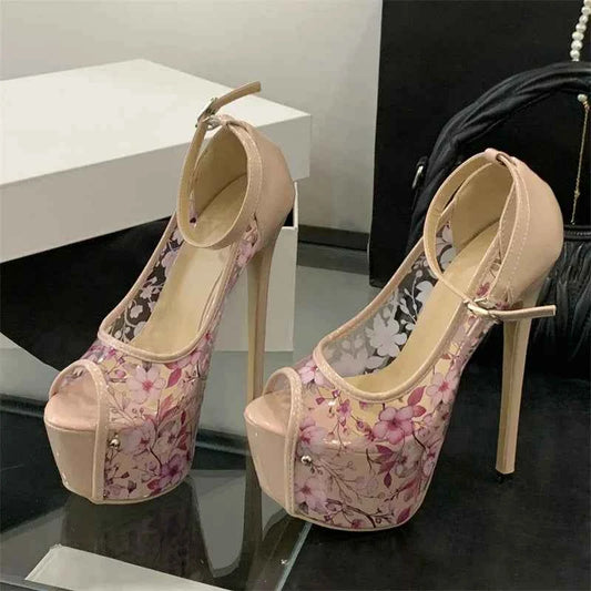 Eilyken Street Style Print Flower Buckle Strap Platform Sandals Women Sexy Stiletto Heels Nightclub Stripper Shoes Zapatos Mujer