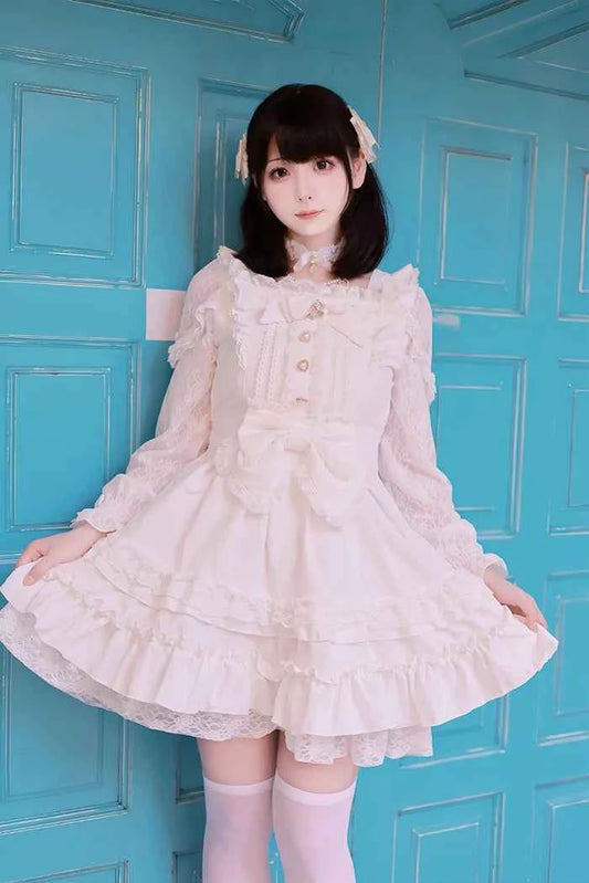 Japanese Liz Dresses Women Autumn New Girl's Sweet Cute Bud Mini Series Mass Production Angel Small Cake Dress Bow Lolita Dress