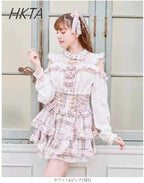 Japanese Mine Tie Sweet Bow Long Sleeve Chiffon Shirt Liz High Waist Elastic Slim Pleated Plaid Skirt Sets Short Skirts Women