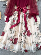 SINGREINY Senior Knitted Patchwork Dress Long Lantern Sleeves Bow Mesh Embroidery Floral Women Autumn France Elegant Party Dress