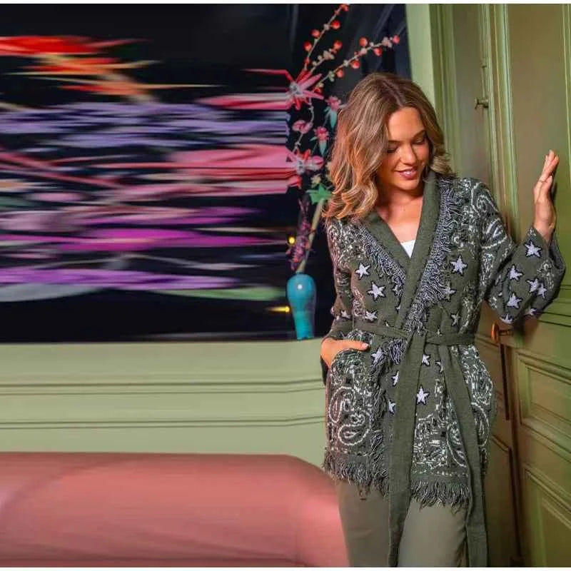 Warm Printed High Collar Knit Cardigans Women Contrast Jacquard Zipper Full Sleeve Pocket Sweater 2026 Spring Lady Chic Knitwear