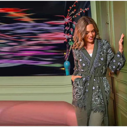 Warm Printed High Collar Knit Cardigans Women Contrast Jacquard Zipper Full Sleeve Pocket Sweater 2026 Spring Lady Chic Knitwear