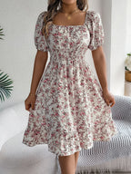 Summer Women's Beach Dress Floral 3D Print Square Neck Short-Sleeved Ladies Waist Ruffled A-Line Dress For Women Holiday Dresses
