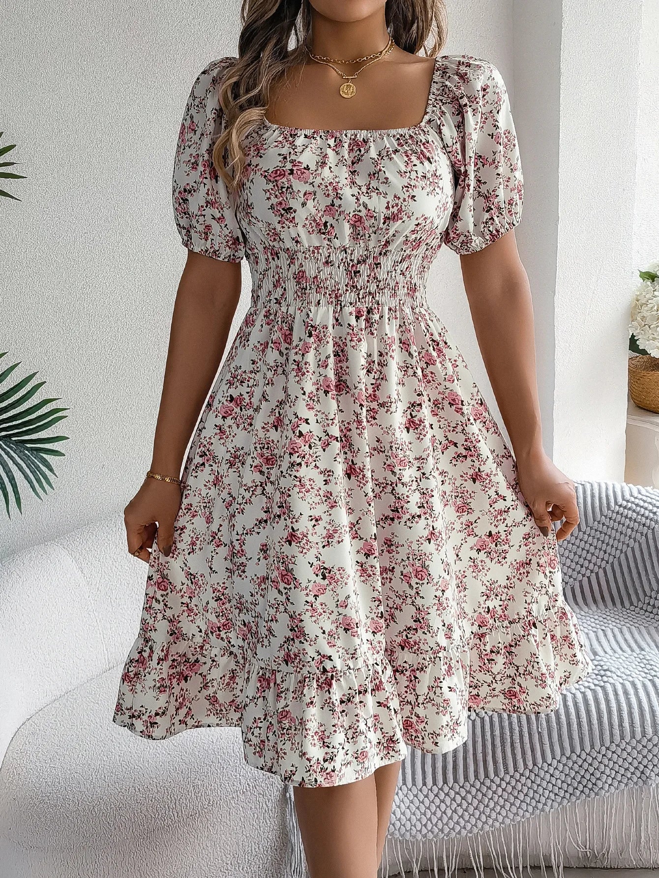 Summer Women's Beach Dress Floral 3D Print Square Neck Short-Sleeved Ladies Waist Ruffled A-Line Dress For Women Holiday Dresses