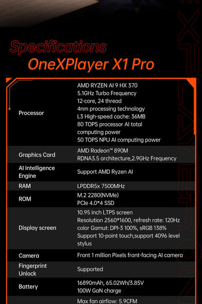 OneXPlayer X1 PRO AMD Ryzen AI 9 HX 370 /8840U PC Game Console 3 IN 1 Laptop Tablet 10.95 Inch 120 Hz AI CPU Computer Controller SS69