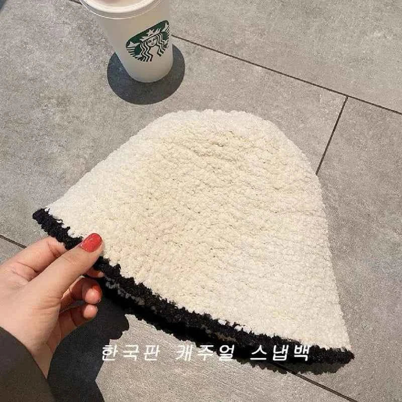 Winter contrasting warm fisherman hat ins ear protection bucket hat with fleece autumn and winter knitted hat