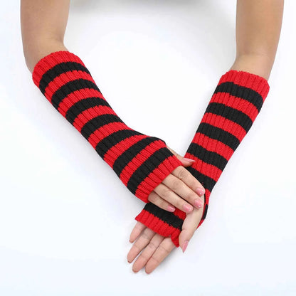 Women's Knitted Fingerless Arm Sleeves Gothic Style Striped Winter Long Arm Warmers Girls Harajuku Y2K Fashion Wrist Gloves